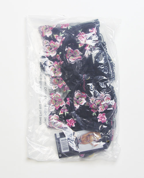 Floral Lace and Mesh Long Line Underwire Bra w/Garter & G - String - Black/Pink