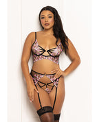 Floral Lace and Mesh Long Line Underwire Bra w/Garter & G - String - Black/Pink