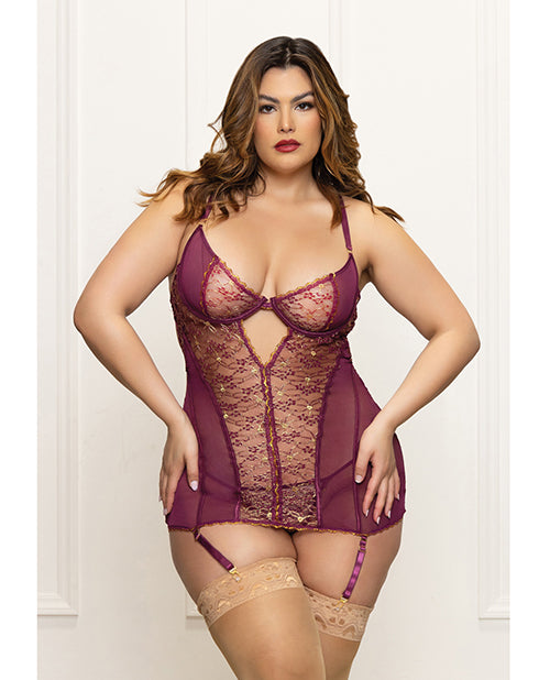 Metallic Lace with Mesh Gartered Chemise & Thong - Plum