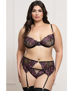 Floral Lace and Mesh Underwire Bra w/Garter & Thong 3 pc Set - Black/Purple