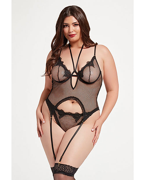 Stretch Mesh and Lace Cami w/Thong 2 pc Set - Black
