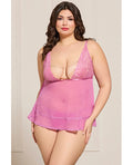 Lace and Mesh Babydoll w/Thong & Rhinestone Detail - Pink