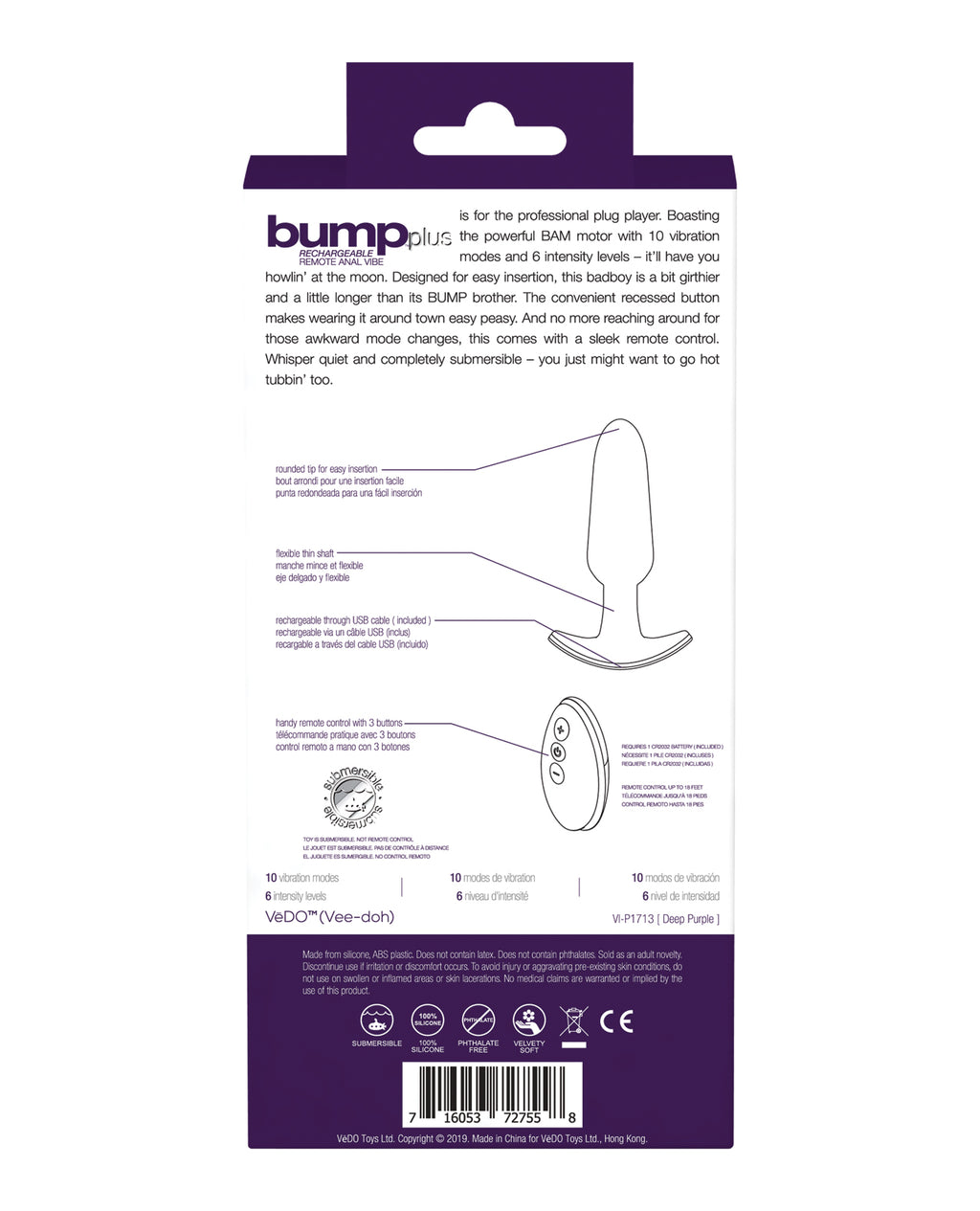 VeDO Bump Rechargeable Remote Control Anal Vibe - Deep Purple